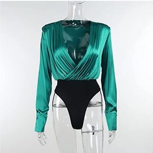 Women Long Sleeve Satin Bodysuit Elegant Sexy Deep V neck Wrap button Sleeve